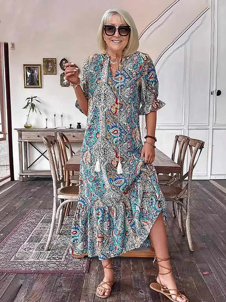 LUNESTRA – BOHO DRAWSTRING NECK MAXI DRESS