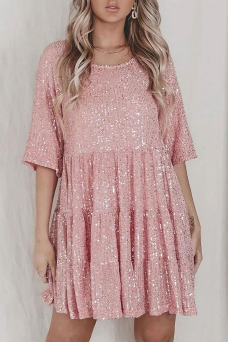 ELSINYA – CASUAL SOLID SEQUIN A-LINE DRESS