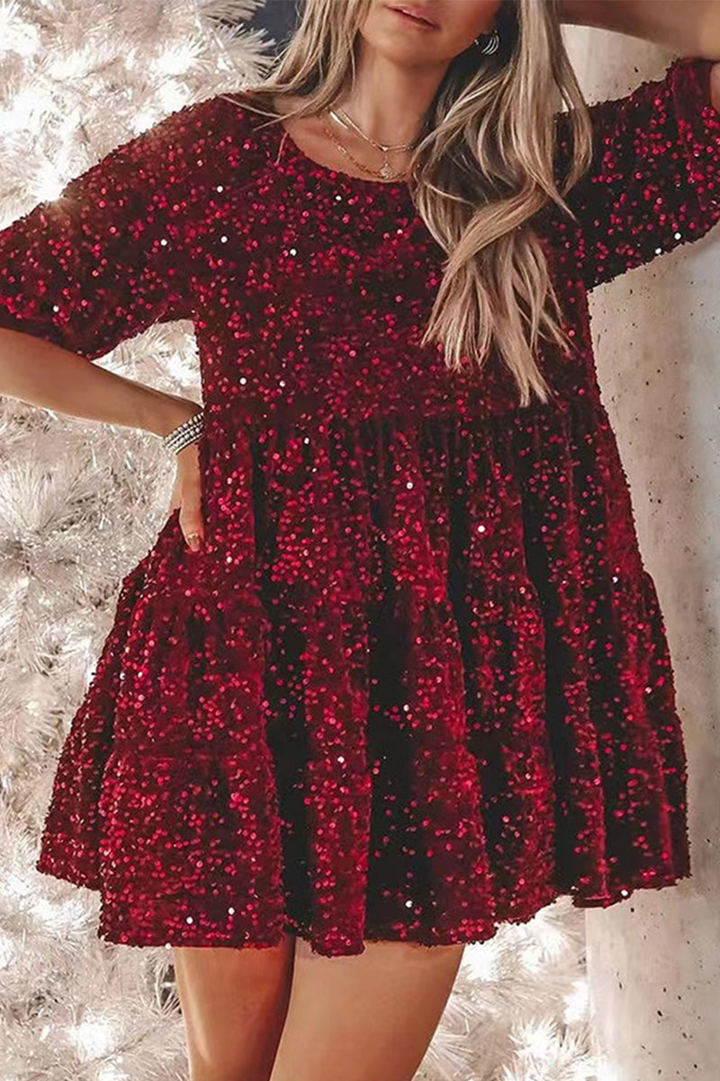 ELSINYA – CASUAL SOLID SEQUIN A-LINE DRESS
