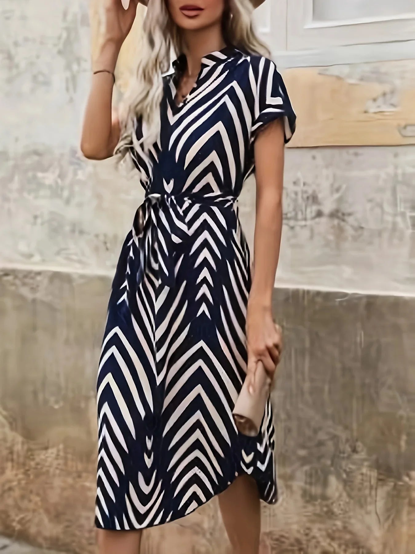 DELYRA – GEOMETRIC PATTERN DRESS WITH WAIST KNOT
