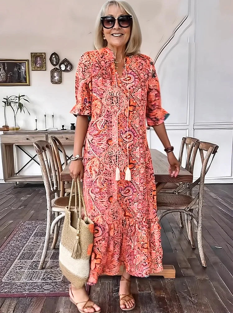 LUNESTRA – BOHO DRAWSTRING NECK MAXI DRESS