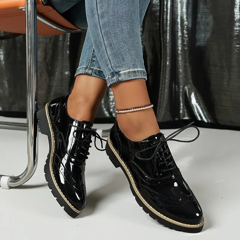 Fashion Glam | Patent Leather Oxford Shoes With Chunky Sole For Women
