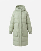 Women's longer padded hooded coat with oversized patch pockets, elastic cuffs, and concealed two-way zipper