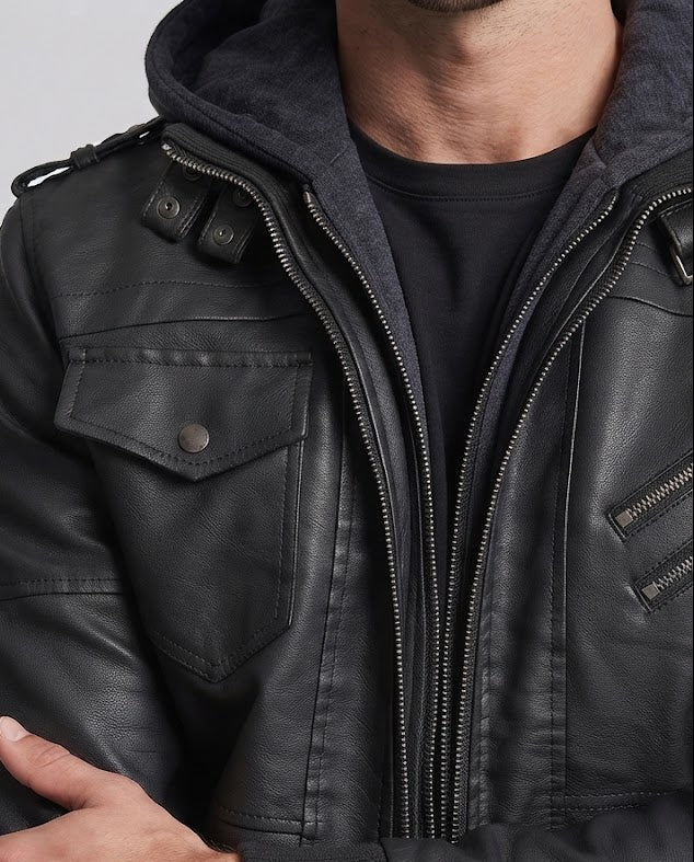 Men's casual faux leather jacket with hood Fashion Glam