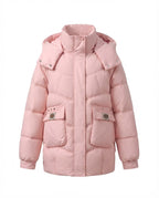 Women's mid-length padded parka with high stand-up collar flap, stowable hood, and large cargo pockets