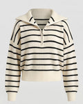 Women's Striped Knit Sweater with Half-Zip and Wide Collar Fashion Glam