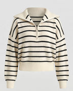 Women's Striped Knit Sweater with Half-Zip and Wide Collar Fashion Glam