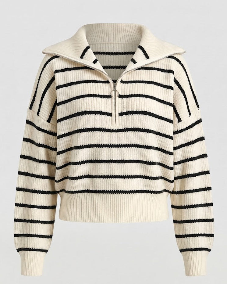 Women's Striped Knit Sweater with Half-Zip and Wide Collar Fashion Glam