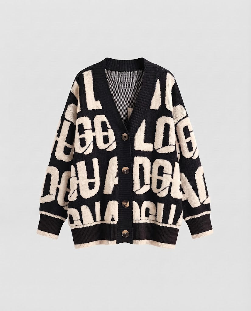 Women's chunky knit cardigan in lettering jacquard with oversized fit and V-neck Fashion Glam