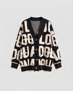 Women's chunky knit cardigan in lettering jacquard with oversized fit and V-neck Fashion Glam