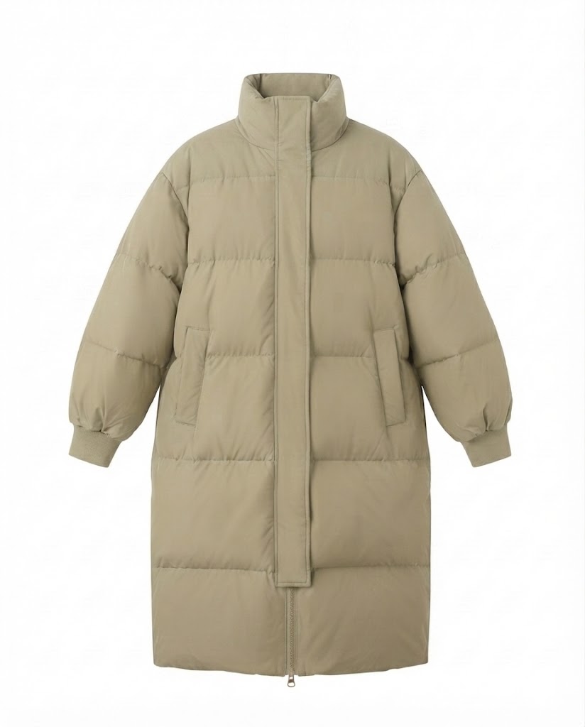 Women's longer noise-reducing thermo quilted coat with ergonomic stand collar and shoulder flaps detail