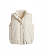 Ladies' oversized padded faux leather vest with high shawl collar and two-way zipper
