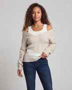 Women's Oversize Knit Sweater with One-Shoulder Layering and Fluffy Mohair Look Fashion Glam