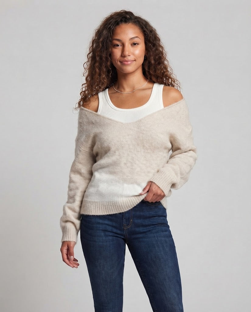 Women's Oversize Knit Sweater with One-Shoulder Layering and Fluffy Mohair Look Fashion Glam