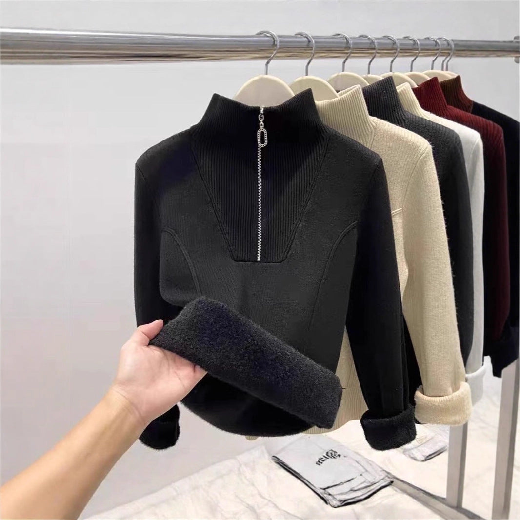 Padded women's knit sweater with zipper
