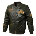 Men's Faux Leather Bomber Jacket in Aviator Style with Motorcycle Embroidery, Shoulder Epaulettes, and Flap Pockets Fashion Glam