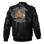 Men's Faux Leather Bomber Jacket in Aviator Style with Motorcycle Embroidery, Shoulder Epaulettes, and Flap Pockets Fashion Glam