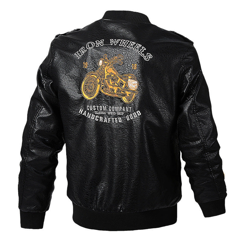 Men's Faux Leather Bomber Jacket in Aviator Style with Motorcycle Embroidery, Shoulder Epaulettes, and Flap Pockets Fashion Glam