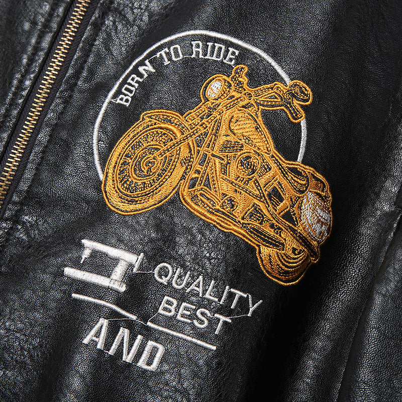 Men's Faux Leather Bomber Jacket in Aviator Style with Motorcycle Embroidery, Shoulder Epaulettes, and Flap Pockets Fashion Glam