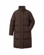 Ladies long-cut quilted thermal coat with hood, two-way zipper and side zip vents