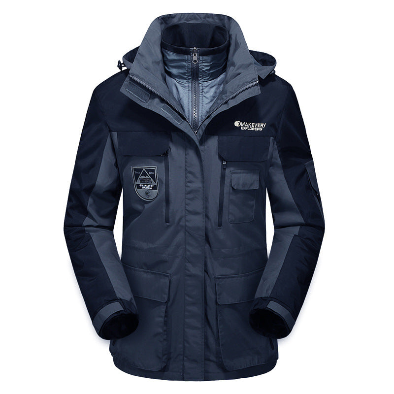 Men's waterproof breathable three-piece outdoor expedition jacket with hood and multifunction pockets Fashion Glam