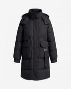 Women's longer padded quilted coat with high stand-up collar, concealed front placket and large patch pockets.