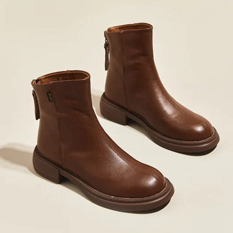 Women's Leather Ankle Boots with Back Zipper and Low Heel