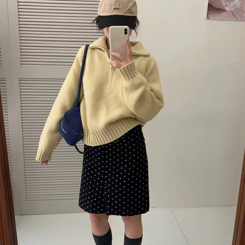 Modern knit pullover with stand-up collar and zipper