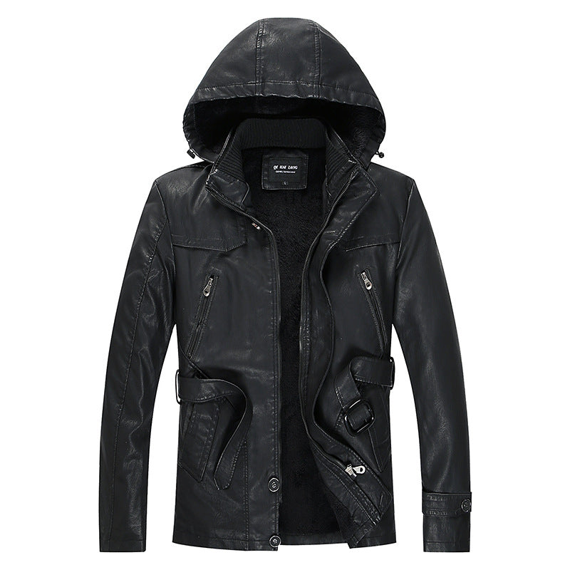 Men's leather jacket with hood and teddy lining, multifunctional utility biker jacket Fashion Glam