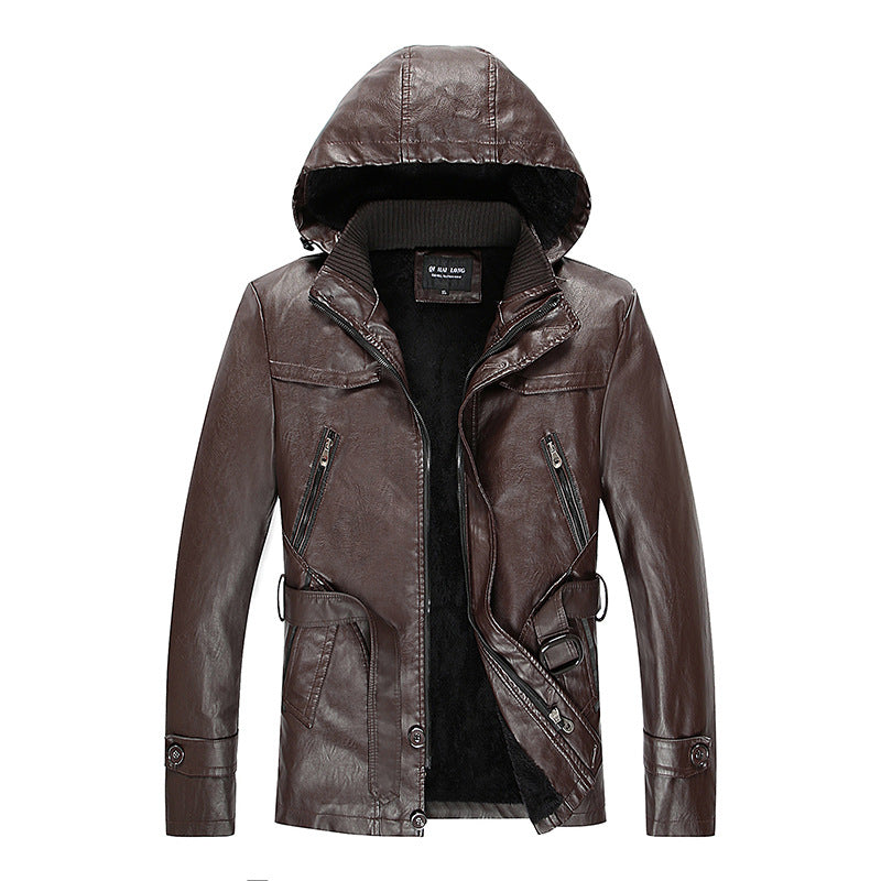 Men's leather jacket with hood and teddy lining, multifunctional utility biker jacket Fashion Glam