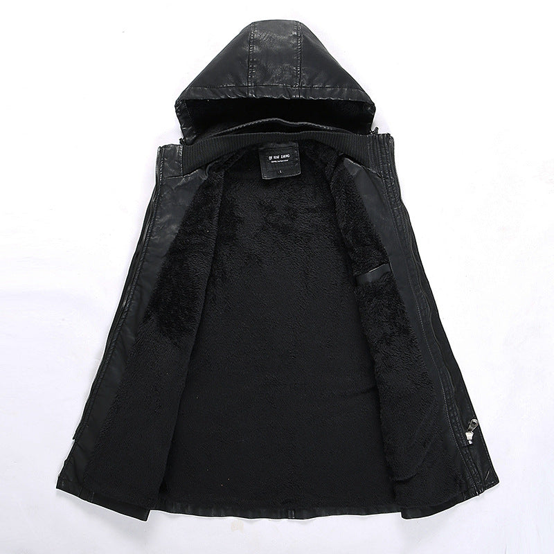 Men's leather jacket with hood and teddy lining, multifunctional utility biker jacket Fashion Glam