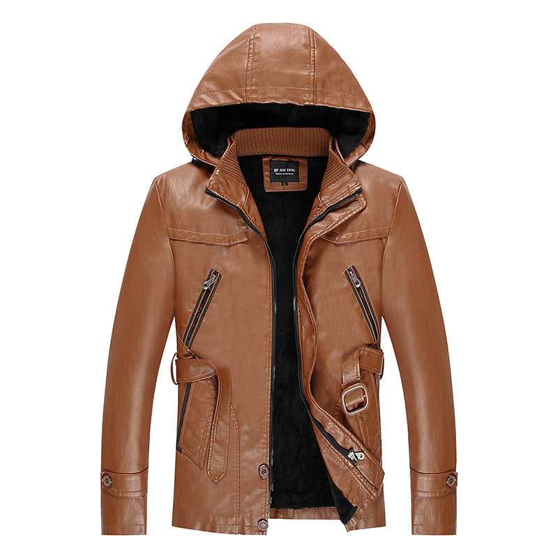 Men's leather jacket with hood and teddy lining, multifunctional utility biker jacket Fashion Glam