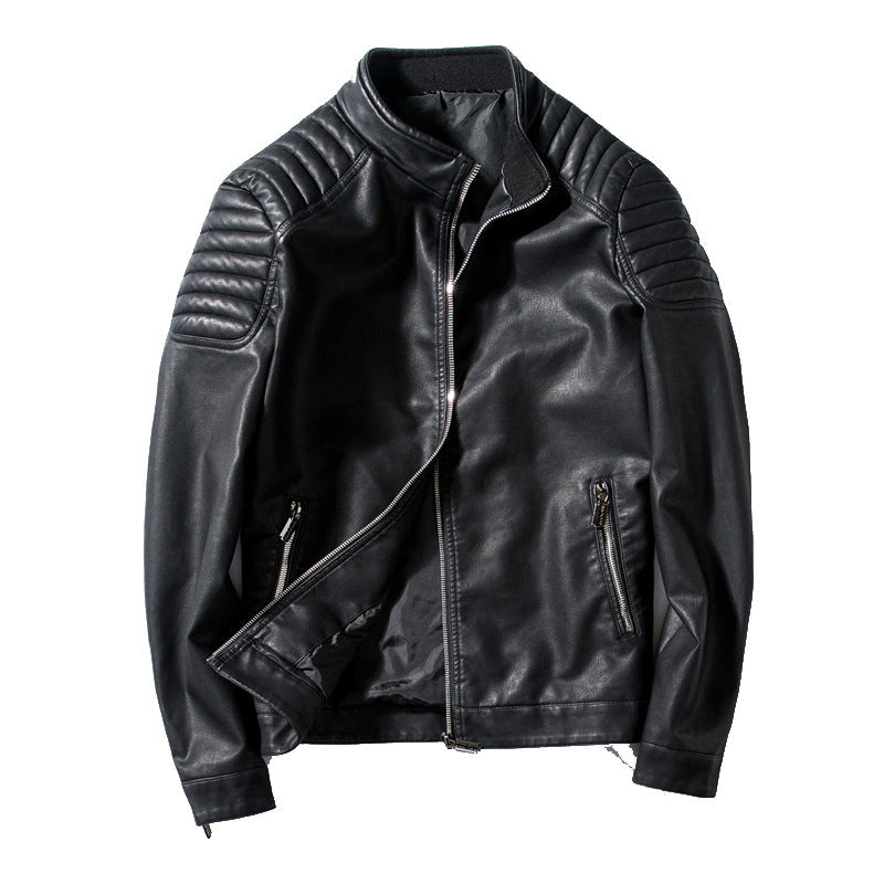 Men's Biker Leather Jacket in Slim Fit with Stand-Up Collar and Quilted Shoulder Area Fashion Glam