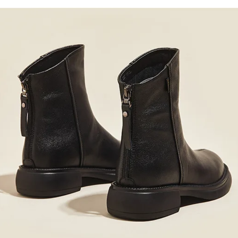Women's Leather Ankle Boots with Back Zipper and Low Heel