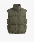 Ladies' puffy insulation vest with square construction and high stand-up collar