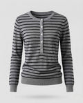 Women's Striped Henley Fine Knit Sweater with Button Placket Fashion Glam