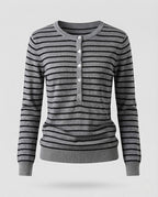 Women's Striped Henley Fine Knit Sweater with Button Placket Fashion Glam