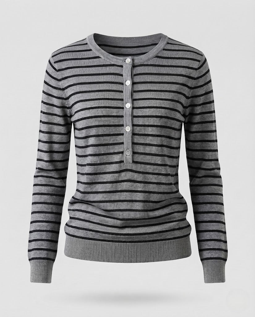 Women's Striped Henley Fine Knit Sweater with Button Placket Fashion Glam