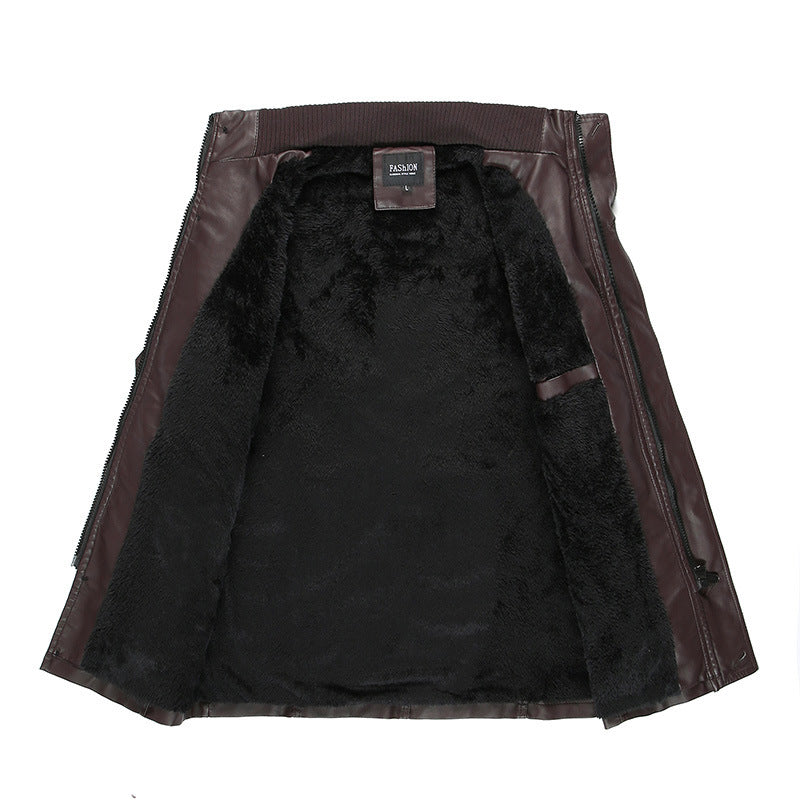 Men's leather jacket with teddy lining, waist belt, and stand-up collar Fashion Glam