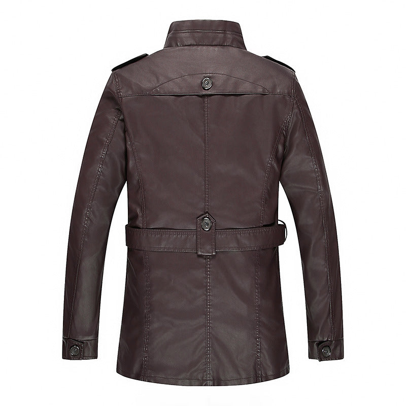 Men's leather jacket with teddy lining, waist belt, and stand-up collar Fashion Glam