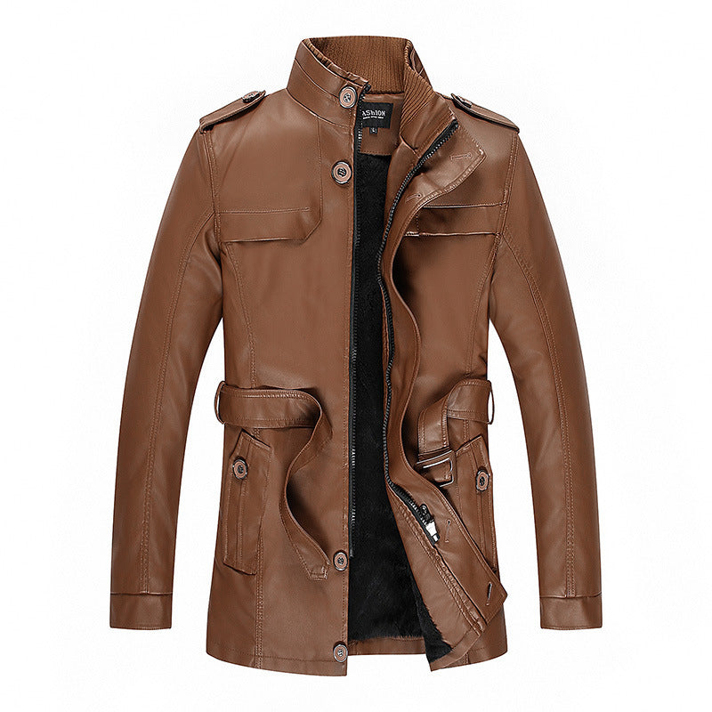 Men's leather jacket with teddy lining, waist belt, and stand-up collar Fashion Glam