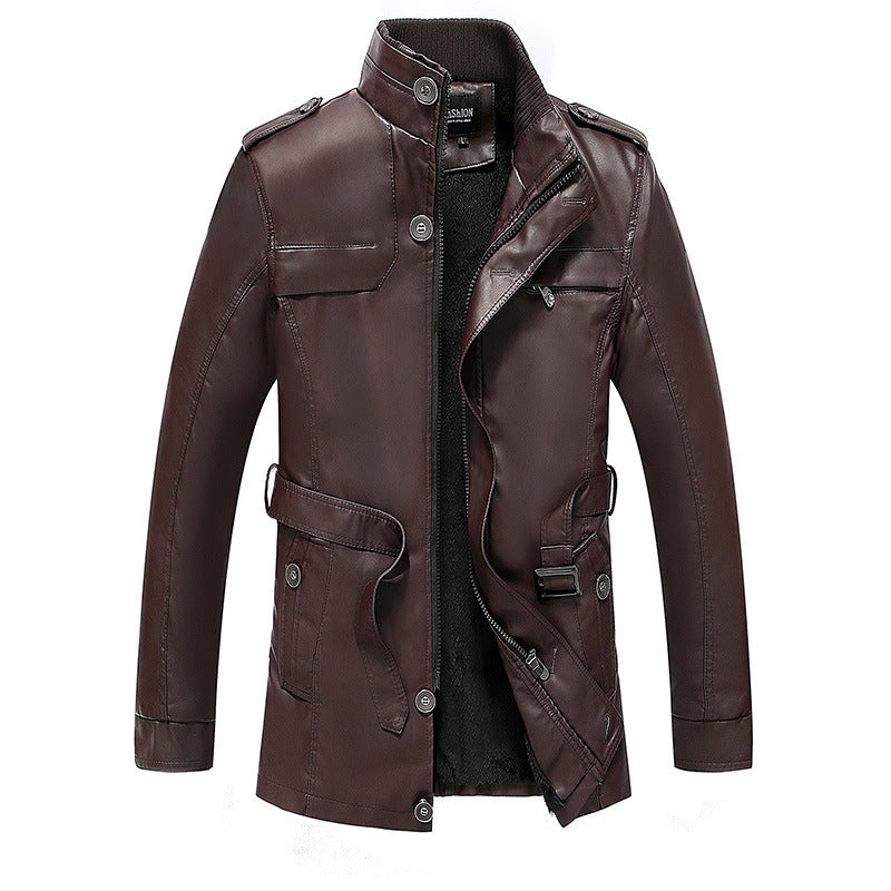 Men's leather jacket with teddy lining, waist belt, and stand-up collar Fashion Glam