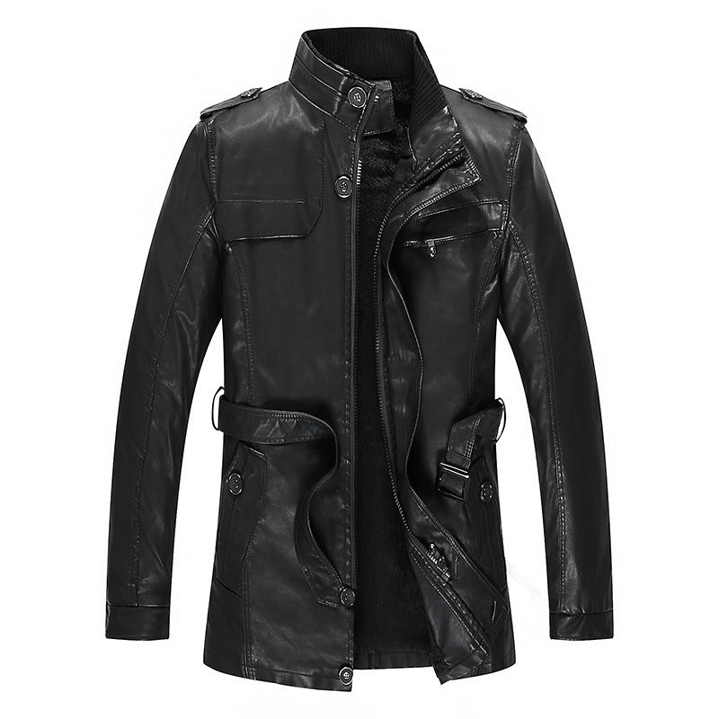 Men's leather jacket with teddy lining, waist belt, and stand-up collar Fashion Glam