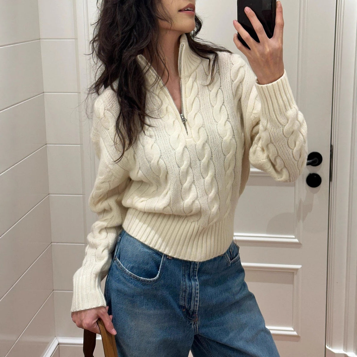 Cable knit sweater with zipper and embroidery