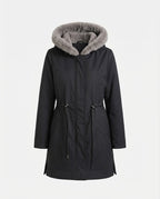 Women's knee-length thermoparkas with removable teddy hood, drawstring waist and concealed front flap