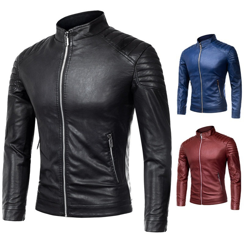 Men's Biker Leather Jacket in Slim Fit with Stand-Up Collar and Quilted Shoulder Area Fashion Glam