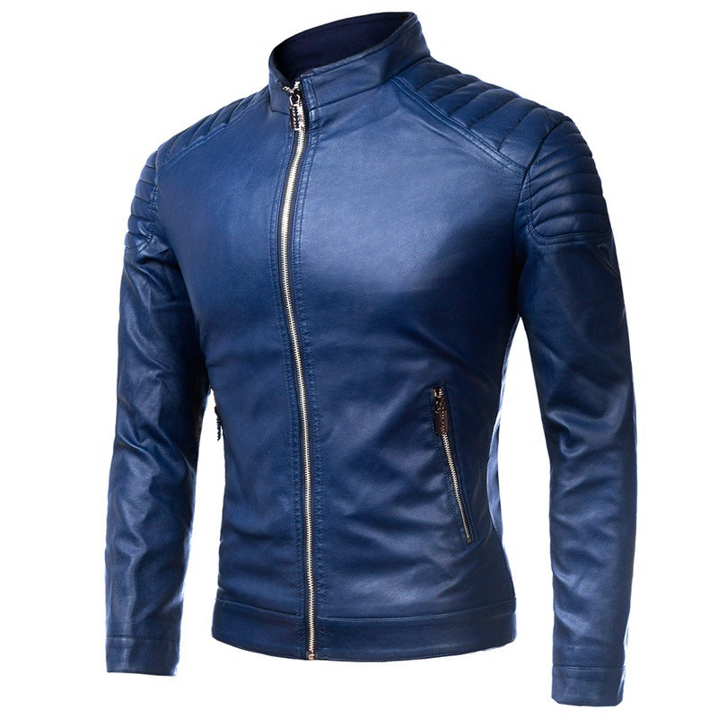 Men's Biker Leather Jacket in Slim Fit with Stand-Up Collar and Quilted Shoulder Area Fashion Glam