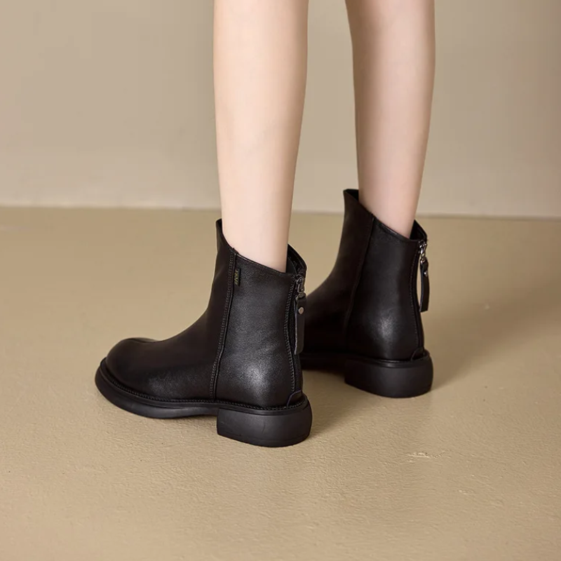 Women's Leather Ankle Boots with Back Zipper and Low Heel