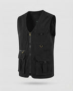 Men's outdoor utility vest with airy mesh lining, multiple pockets, and metal D-ring