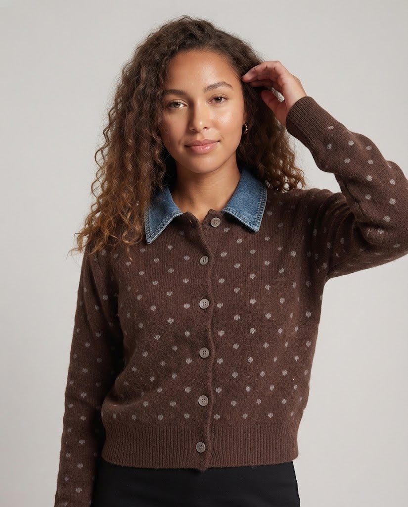 Women Polka Dot Cardigan with Denim Collar and Button Placket Fashion Glam